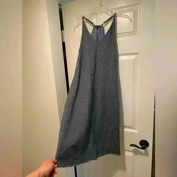 ATM Womens Linen Halter Adjustable Fringe Stripe Midi Dress blue gray small - Picture 2 of 10